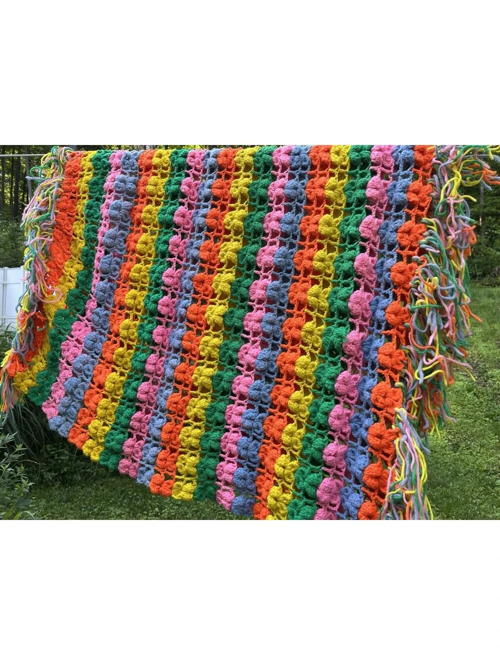 Vtg 46x88” Fringe Bubble Stitch Maximalist Clowncore Handmade Afghan Throw